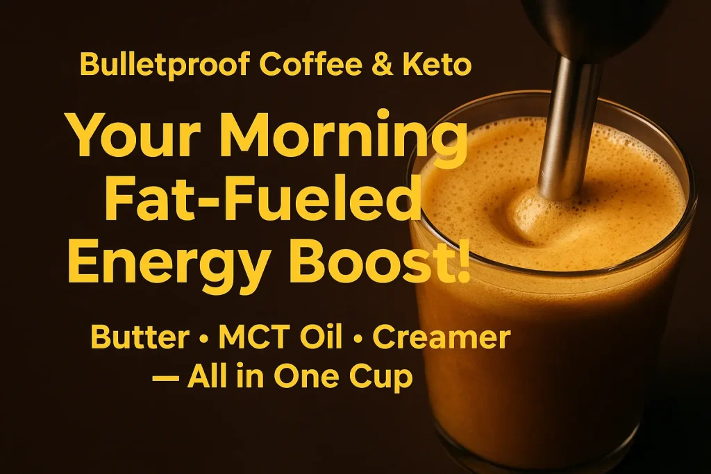 Blender mixing frothy Bulletproof Coffee & Keto drink with butter, MCT oil, and creamer on a dark espresso background.