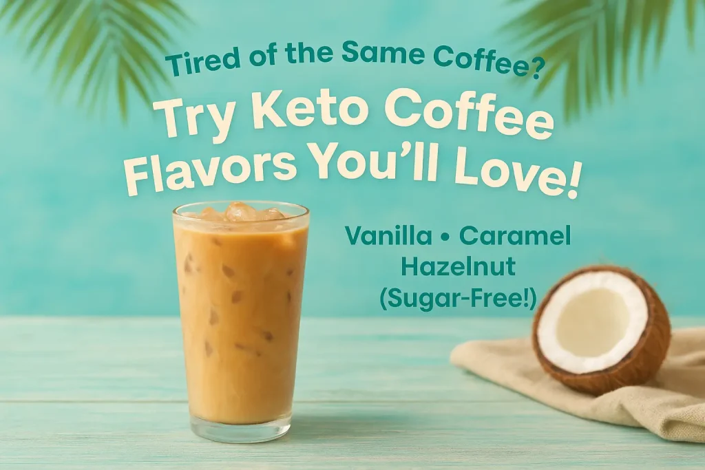 Iced keto coffee with coconut and almond milk in a tall glass on a tropical background, featuring text promoting vanilla, caramel, and hazelnut sugar-free flavors.