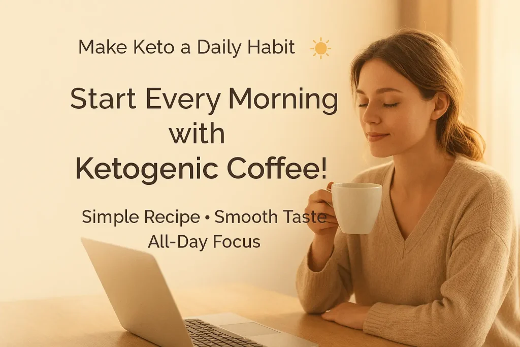 Woman enjoying a warm cup of ketogenic coffee near a laptop at sunrise, promoting a calm and focused start to the day.