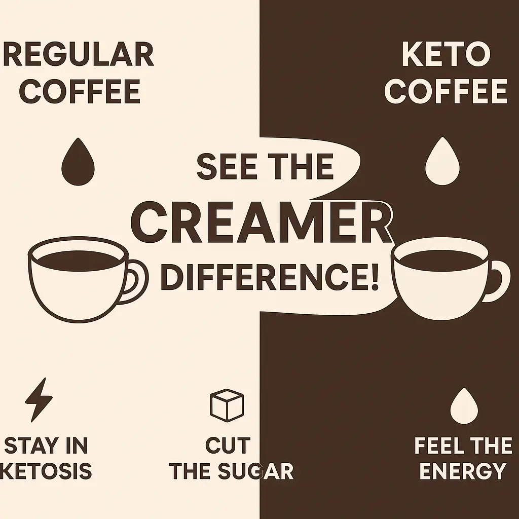 A split infographic comparing regular coffee and keto coffee, showing a beige left side for regular coffee and a dark brown right side for keto coffee. Centered text reads “Regular vs Keto Coffee” and “See the Creamer Difference!” with icons for ketosis, sugar, and energy.