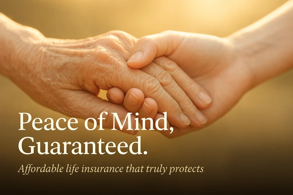 Close-up of an elderly hand gently holding a younger hand, bathed in warm sunlight, symbolizing care and trust. Overlay text reads “Peace of Mind, Guaranteed.” with the subtext “Affordable life insurance that truly protects.” on a soft gradient background.