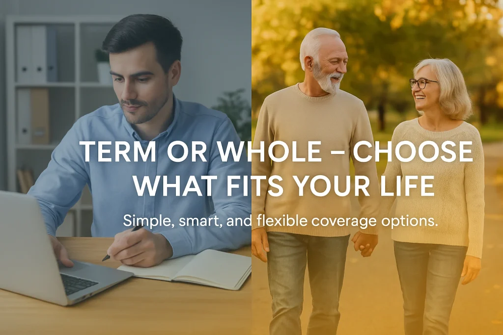 Split image showing two life stages — on the left, a young professional working at a laptop in a cool blue tone representing term life insurance; on the right, a retired couple smiling and walking in a sunlit park with a warm golden tone representing whole life insurance. Centered text reads, “Term or Whole — Choose What Fits Your Life,” with the subtext, “Simple, smart, and flexible coverage options.”