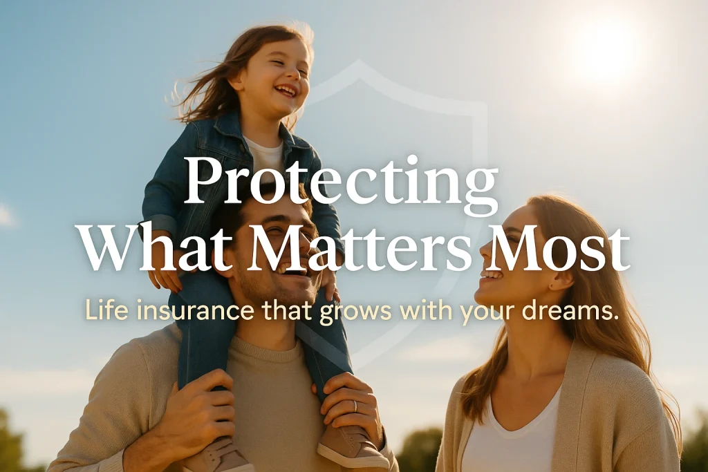 A smartphone screen displays an insurance app showing an ‘Approved’ message with a ‘View policy’ button. The background features a glowing neon blue digital design with subtle tech icons. Overlay text reads ‘Modern Life Insurance. Instant Approval. Get covered in minutes — no medical exam.