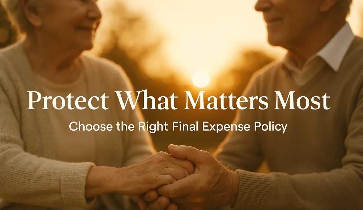 An elderly couple holding hands under a warm golden sunset, symbolizing love, care, and legacy, with centered text reading ‘Protect What Matters Most — Choose the Right Final Expense Policy’ in white serif and sans-serif fonts over a soft, cinematic background.