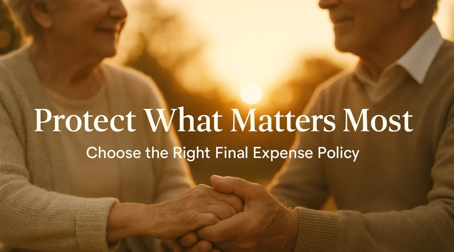 An elderly couple holding hands under a warm golden sunset, symbolizing love, care, and legacy, with centered text reading ‘Protect What Matters Most — Choose the Right Final Expense Policy’ in white serif and sans-serif fonts over a soft, cinematic background.