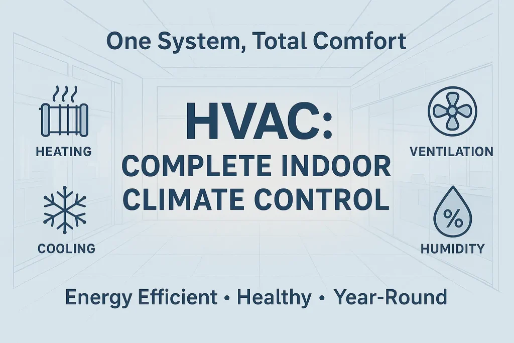 HVAC system explained with icons for heating, cooling, ventilation, and humidity  complete indoor climate control.