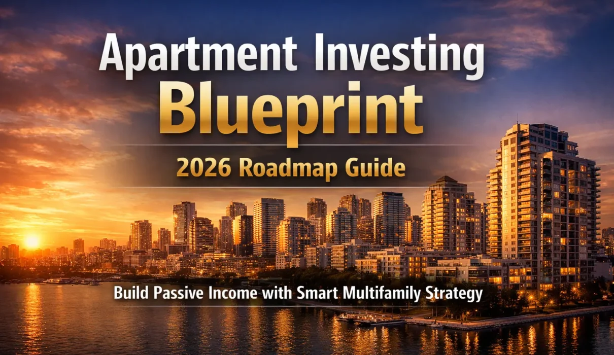 Modern city skyline at sunset with bold text Apartment Investing Blueprint 2026 Roadmap Guide for passive income strategy.