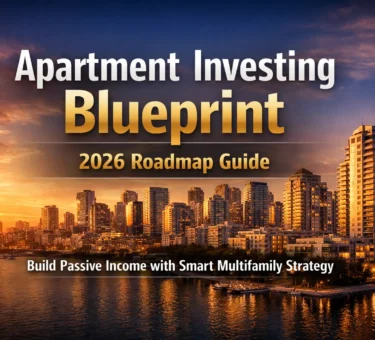 Modern city skyline at sunset with bold text Apartment Investing Blueprint 2026 Roadmap Guide for passive income strategy.