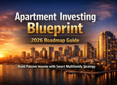 Modern city skyline at sunset with bold text Apartment Investing Blueprint 2026 Roadmap Guide for passive income strategy.