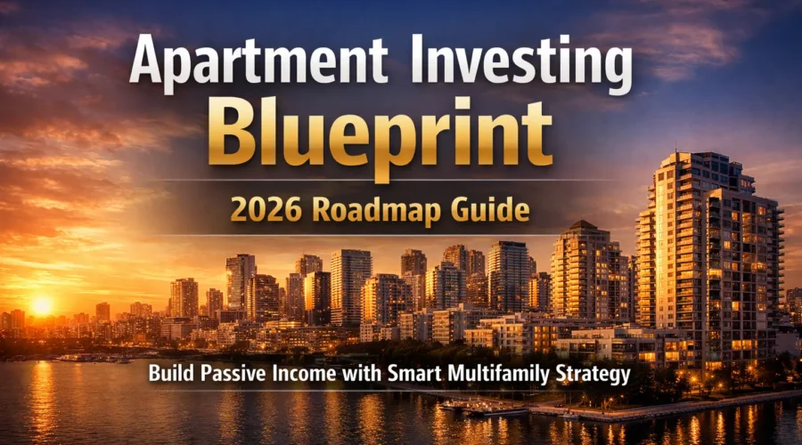 Modern city skyline at sunset with bold text Apartment Investing Blueprint 2026 Roadmap Guide for passive income strategy.