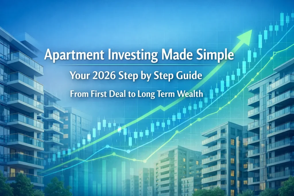 Modern apartment buildings with rising financial charts representing Apartment Investing growth in 2026