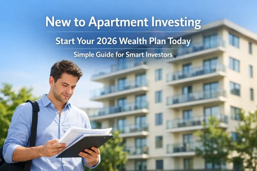 Young investor reviewing documents in front of an apartment building representing Apartment Investing for beginners