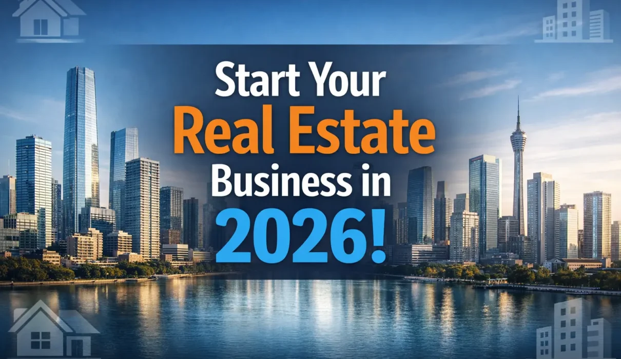 Modern city skyline banner illustrating how to start a real estate business in 2026 with bold text and professional real estate theme.