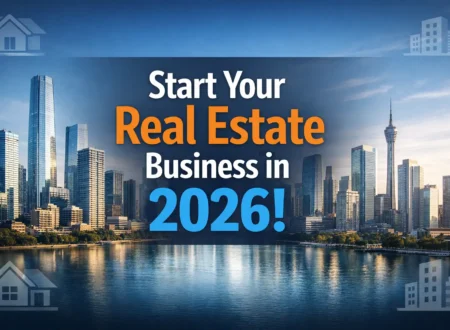 Modern city skyline banner illustrating how to start a real estate business in 2026 with bold text and professional real estate theme.