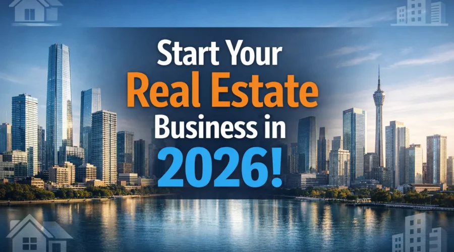 Modern city skyline banner illustrating how to start a real estate business in 2026 with bold text and professional real estate theme.