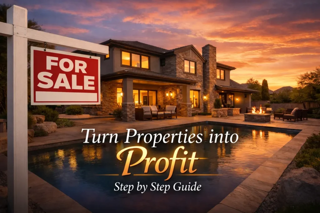 Luxury home exterior with for sale sign showing how to start a real estate business in 2026 step by step guide for beginners and investors.