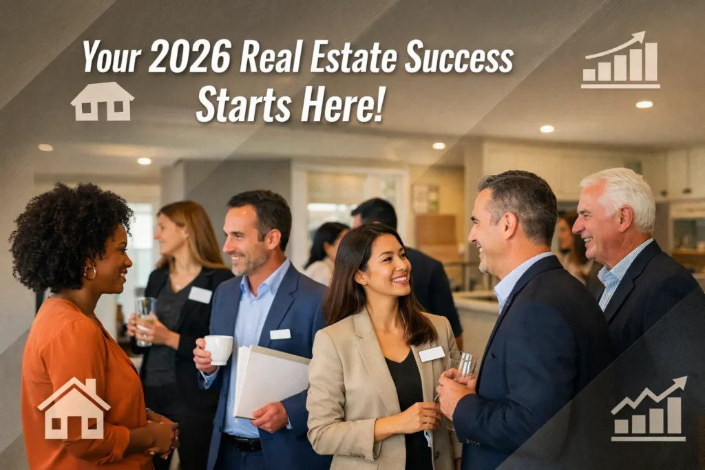 How to start a real estate business in 2026 showing real estate agents networking at an open house event with growth and investment strategy concept.