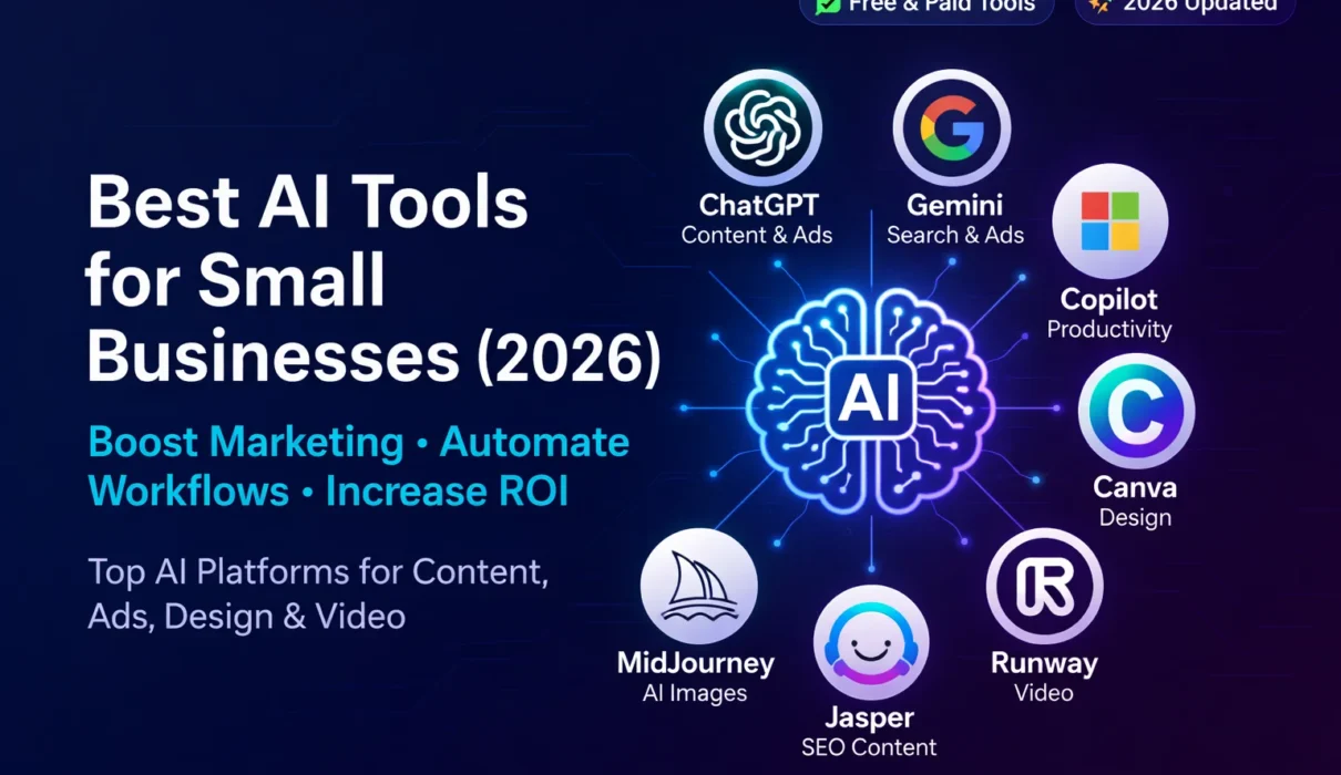 Best AI Tools for Small Businesses in 2026 featuring ChatGPT, Gemini, Copilot, Canva, MidJourney, Runway, and Jasper for marketing and automation.