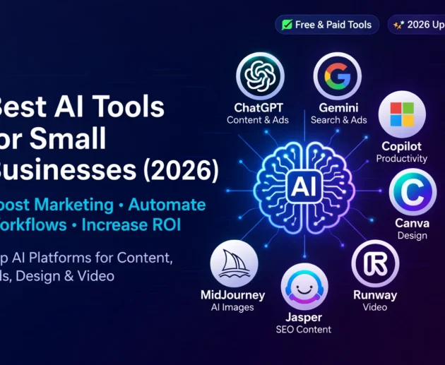 Best AI Tools for Small Businesses in 2026 featuring ChatGPT, Gemini, Copilot, Canva, MidJourney, Runway, and Jasper for marketing and automation.