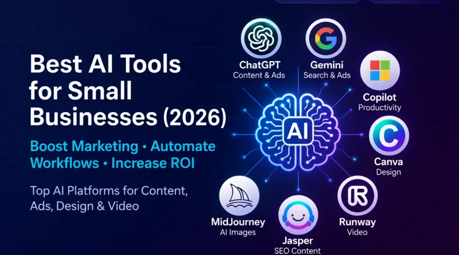 Best AI Tools for Small Businesses in 2026 featuring ChatGPT, Gemini, Copilot, Canva, MidJourney, Runway, and Jasper for marketing and automation.