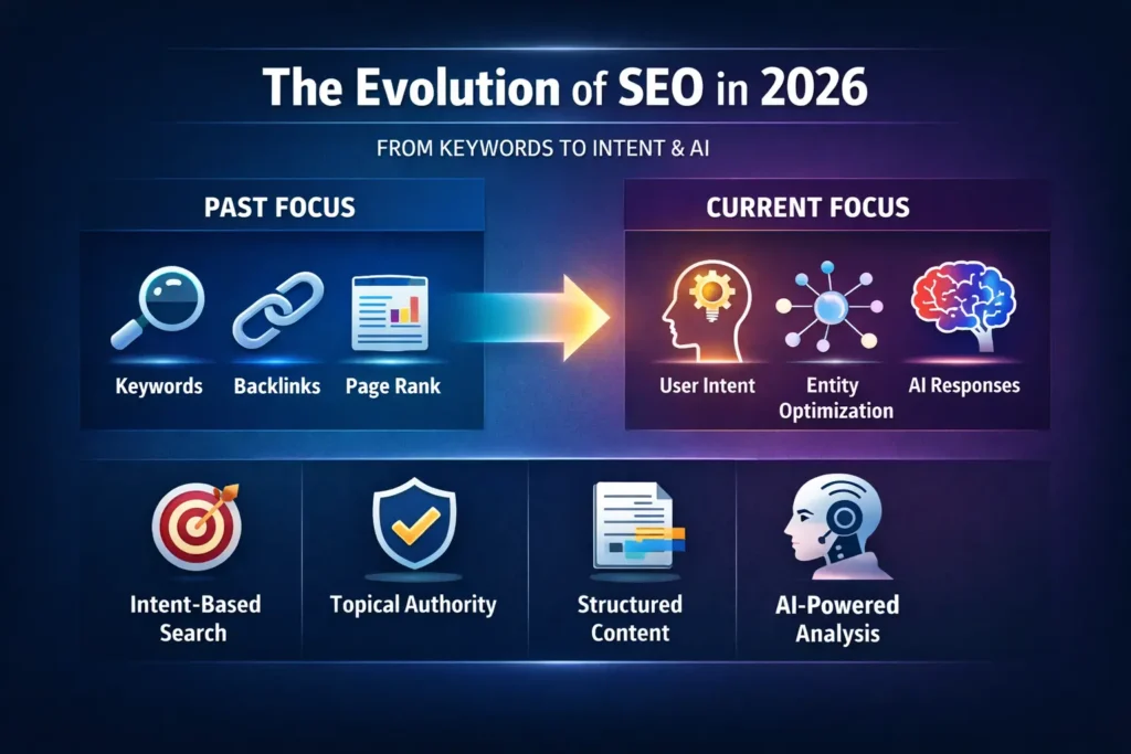 Infographic showing the evolution of SEO from keywords and backlinks to user intent, entity optimization, and AI-powered search responses in 2026.