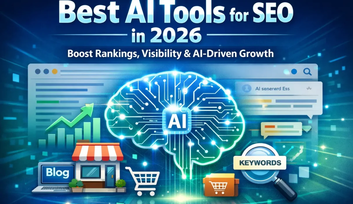 Best AI tools for SEO in 2026 infographic featuring AI brain, keyword research, blog optimization, rankings growth chart, and digital marketing elements.