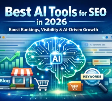 Best AI tools for SEO in 2026 infographic featuring AI brain, keyword research, blog optimization, rankings growth chart, and digital marketing elements.