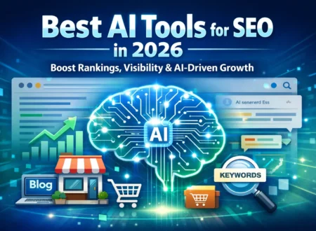 Best AI tools for SEO in 2026 infographic featuring AI brain, keyword research, blog optimization, rankings growth chart, and digital marketing elements.
