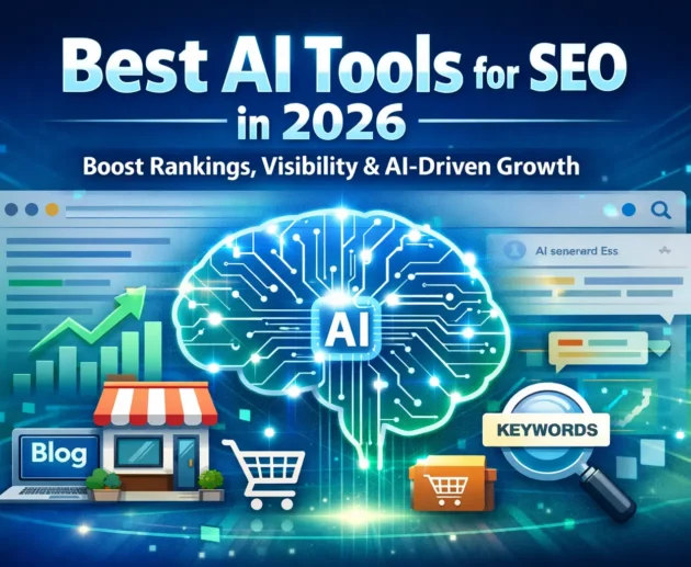Best AI tools for SEO in 2026 infographic featuring AI brain, keyword research, blog optimization, rankings growth chart, and digital marketing elements.