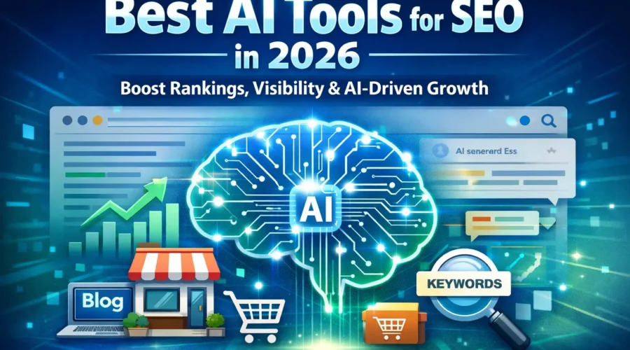 Best AI tools for SEO in 2026 infographic featuring AI brain, keyword research, blog optimization, rankings growth chart, and digital marketing elements.
