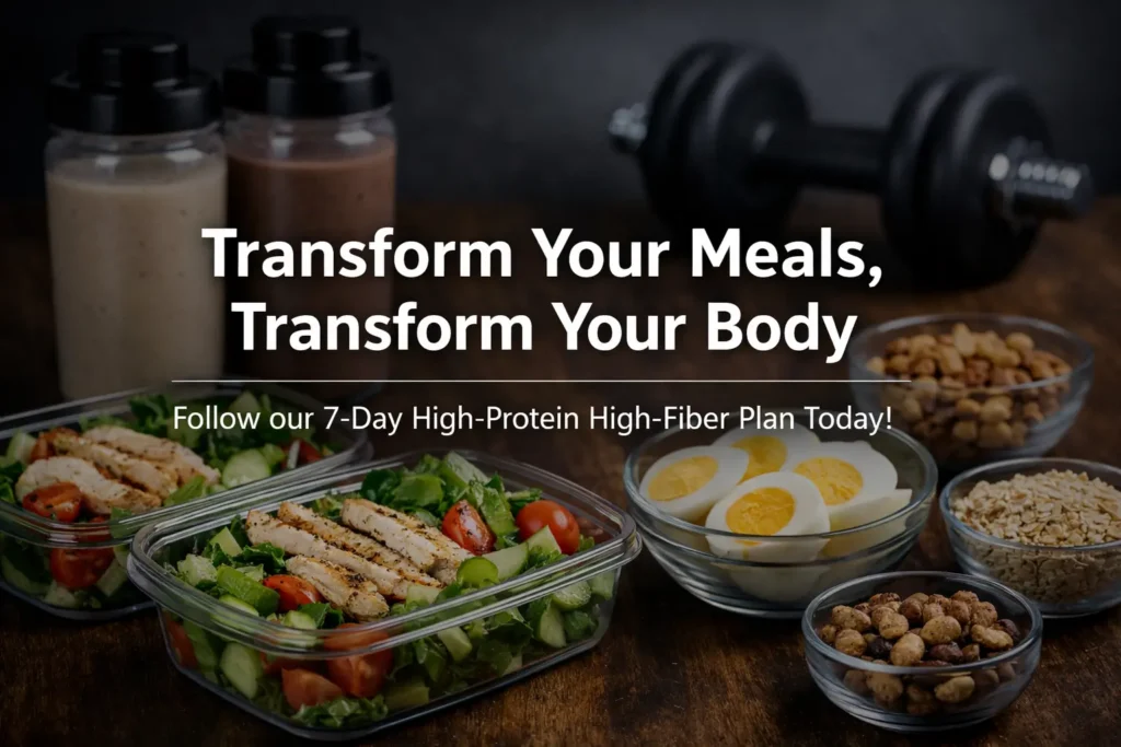 Meal prep with salads, eggs, protein shakes, and nuts for a 7-day high protein diet plan to help weight loss and build a healthy lifestyle.