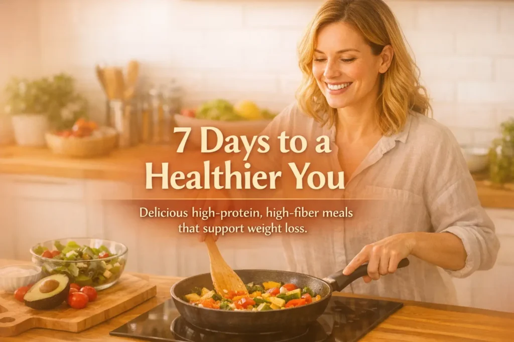 Smiling woman cooking colorful vegetables in a bright kitchen, following a high protein diet plan for effective 7-day weight loss and healthy meals.
