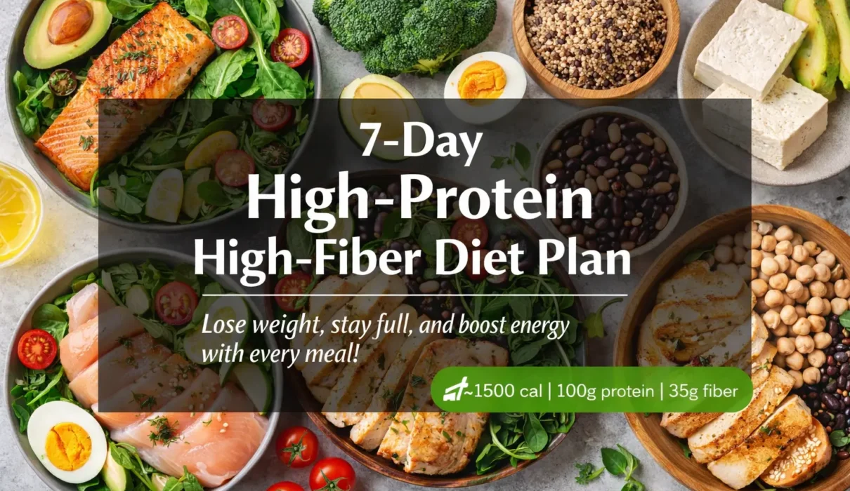 Flat lay of salmon, chicken, eggs, quinoa, beans, and vegetables for a high protein diet plan weight loss meal guide.