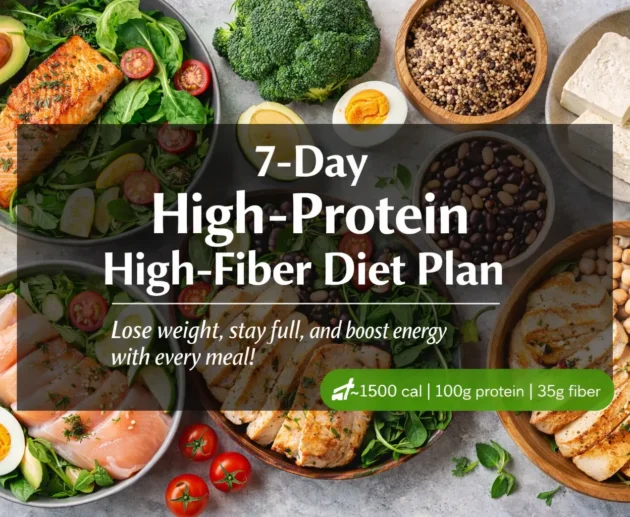 Flat lay of salmon, chicken, eggs, quinoa, beans, and vegetables for a high protein diet plan weight loss meal guide.