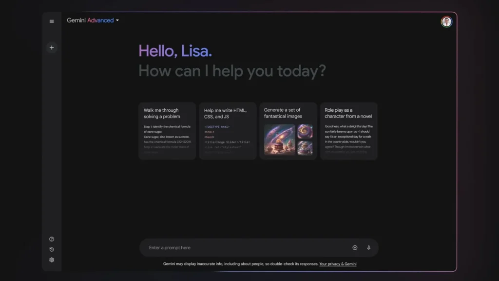 Google Gemini Advanced AI dashboard interface showing prompt suggestions and dark mode layout.