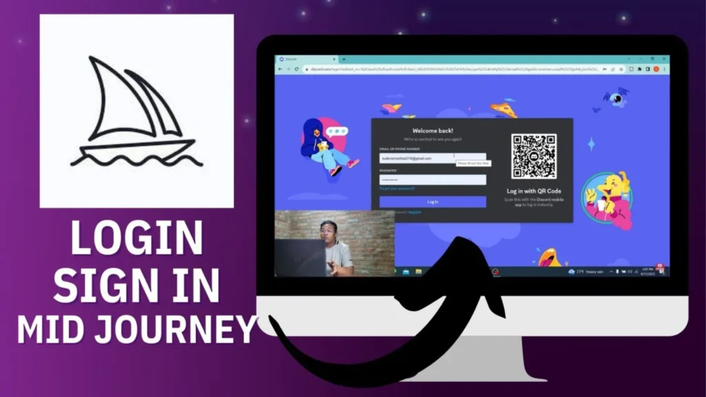 Midjourney login sign-in screen displayed on a desktop monitor with Discord interface and QR code option.