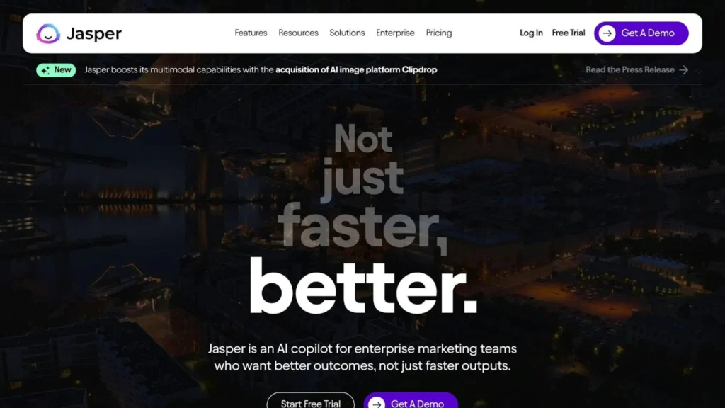 Jasper AI homepage showing marketing copy tools, free trial option, and Get a Demo button.