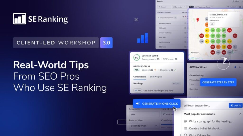 SE Ranking dashboard showing SEO tools, content score, keyword tracking, and AI writer features.