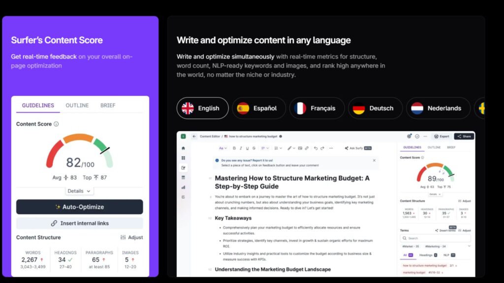 Surfer SEO content editor dashboard displaying content score meter, on-page optimization guidelines, keyword suggestions, and real-time metrics related to Best AI Tools for SEO.