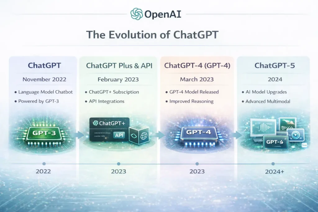 Evolution of ChatGPT large language models from GPT-3 to GPT-5 showing key milestones like ChatGPT launch, GPT-4 release, and multimodal advancements