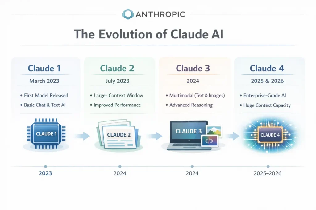 Evolution of Claude AI LLM models from Claude 1 to Claude 4 showing improvements in reasoning, multimodal capabilities, and context window