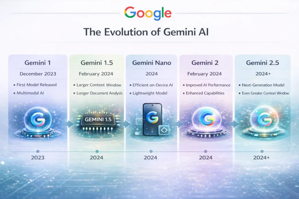 Evolution of Gemini AI showing different LLM models from Gemini 1 to Gemini 2.5 with advancements in performance and multimodal capabilities