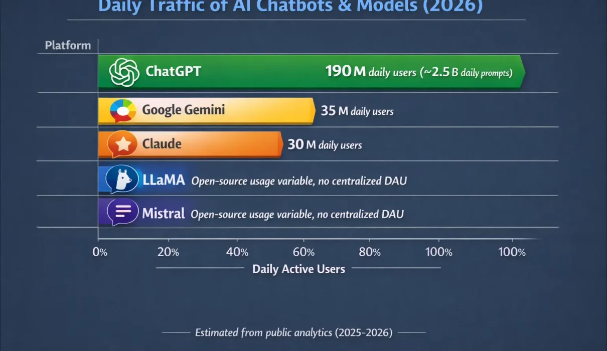 Infographic showing daily traffic of large language models in 2026, comparing ChatGPT, Google Gemini, Claude, LLaMA, and Mistral daily active users.