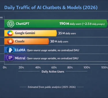 Infographic showing daily traffic of large language models in 2026, comparing ChatGPT, Google Gemini, Claude, LLaMA, and Mistral daily active users.