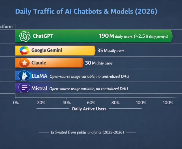 Infographic showing daily traffic of large language models in 2026, comparing ChatGPT, Google Gemini, Claude, LLaMA, and Mistral daily active users.
