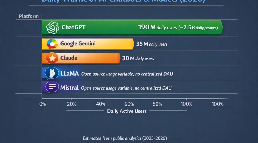 Infographic showing daily traffic of large language models in 2026, comparing ChatGPT, Google Gemini, Claude, LLaMA, and Mistral daily active users.
