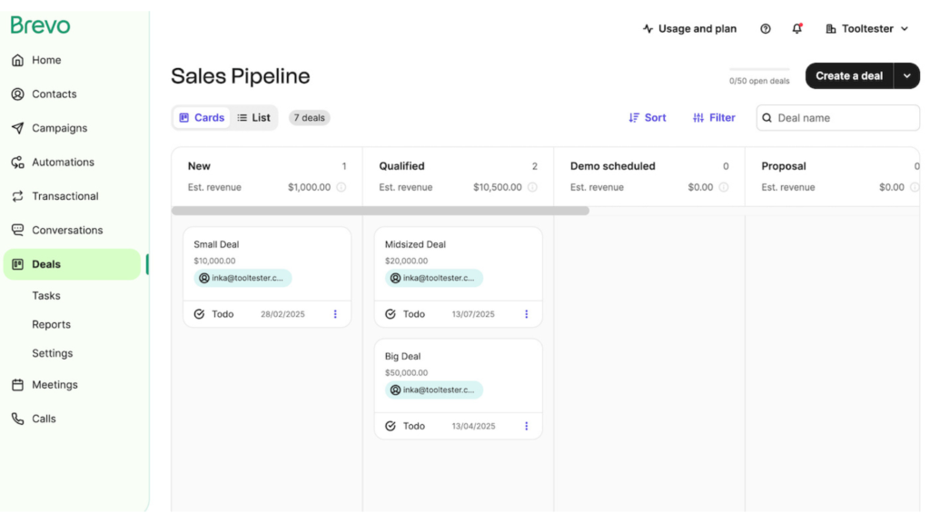 Brevo sales pipeline and CRM dashboard interface showing deals, automation, and contact management in Email Marketing Tools 2026.