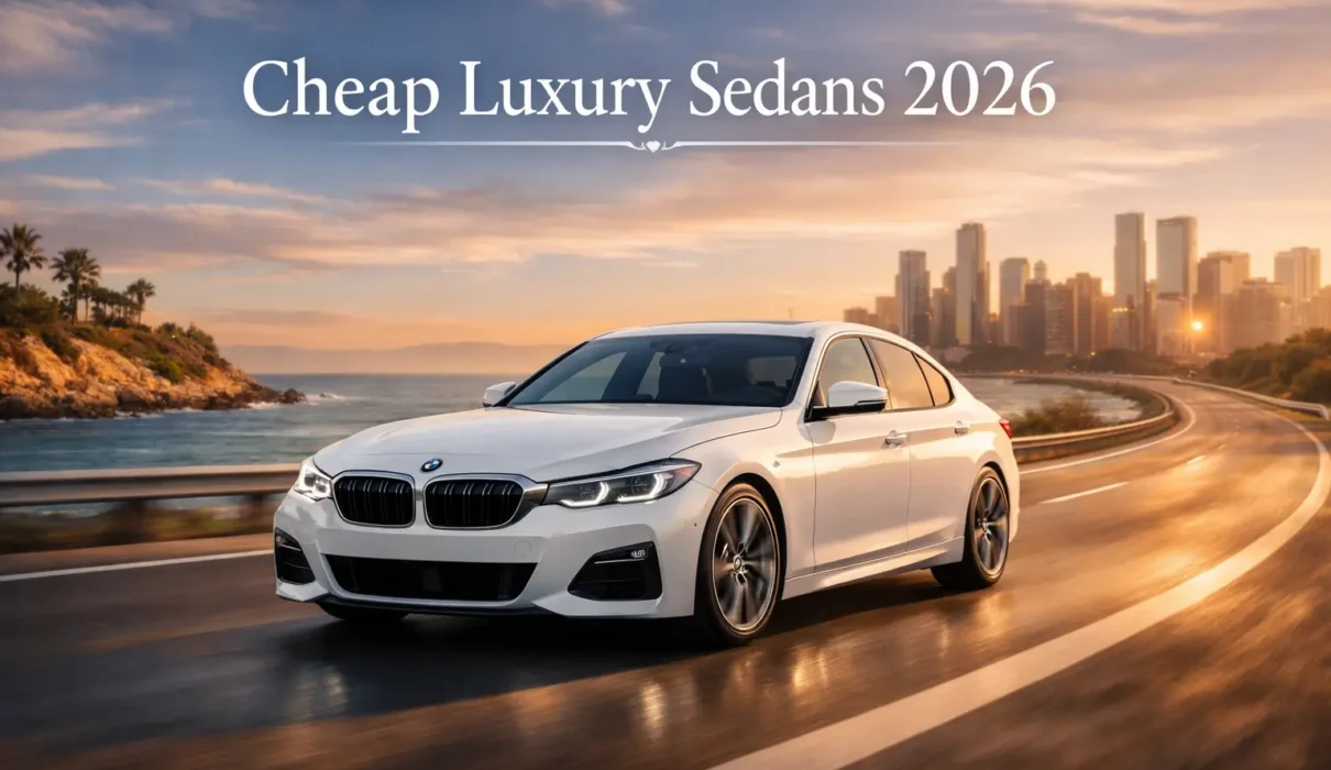 Cheap luxury sedans 2026 featuring a sleek white premium car driving on a scenic coastal road at sunset
