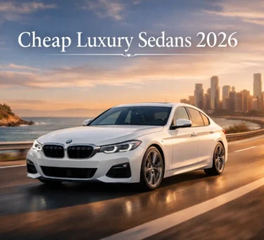 Cheap luxury sedans 2026 featuring a sleek white premium car driving on a scenic coastal road at sunset