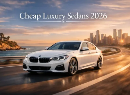 Cheap luxury sedans 2026 featuring a sleek white premium car driving on a scenic coastal road at sunset